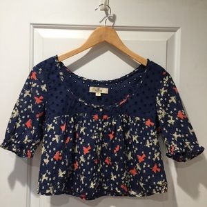 Hollister Crop Top Navy w Bird Print Eyelet Small